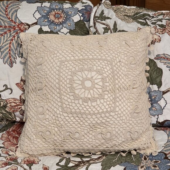 Crochet Lace Macrame Decorative Throw Pillow Cream 15x15 in. Bed Couch Chair - Picture 3 of 8